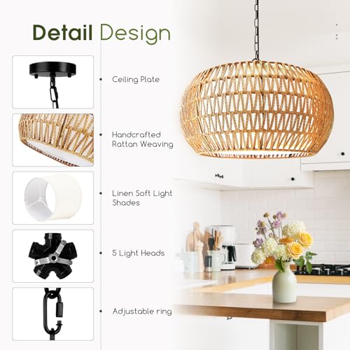 19-Inch Boho Rattan Chandelier with 5 Lights, Farmhouse Pendant Light - Variation of 19 Inch-round-1pc