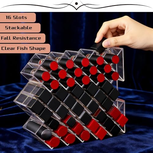 Lipstick Holder 16 Spaces Cute Fish Shape Cosmetic Lip Gloss Organizer for Countertop Clear Acrylic Makeup Perfume Storage Rack Drawer & Bathroom Novelty Desk Decor Vanity Display Case for Girls Women