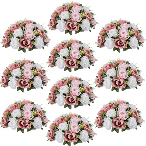 Flower Centerpieces Wedding Tables - Dusty Rose & White, 10 Pack - Ready to Display