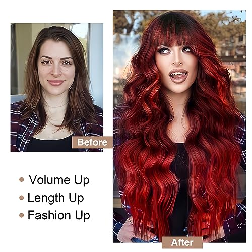 Ombre Red Wavy Wig with Bangs - 26 Inch Synthetic Long Hair for Women