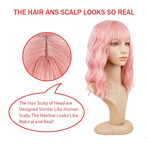 Pink Wavy Wigs with Bangs Short Bob Synthetic Hair for Women & Girls - 14 Inch, Curly, Colorful