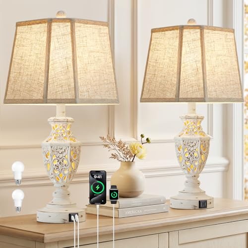 Cream Boho Bedside Lamp Set of 2 with USB-C & Nightlight - Rustic Farmhouse Table Lamps for Bedroom