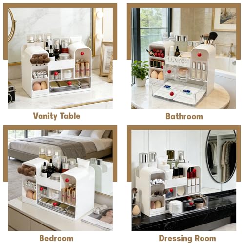 Makeup Organizer for Vanity with Brush Holder, Large Cosmetic & Skincare Organizer Countertop with Muti-Drawers, Cosmetic Display Case for Lipsticks, Nail Polishes, Perfumes, Eyeshadow (white)