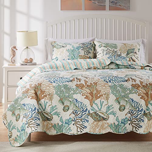 Greenland Home Atlantis Coastal Sea Coral Reversible Quilt Set - Jade, 3-Piece Full/Queen