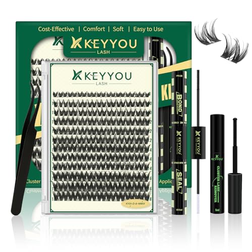 KEYYOULASH Lash Clusters Kit Thick 120pcs 8-18MIX Lash Extension Kit Volume Lash Clusters with Bond and Seal,Remover,Applicators for DIY Eyelash Clusters at Home (KY01 Kit)