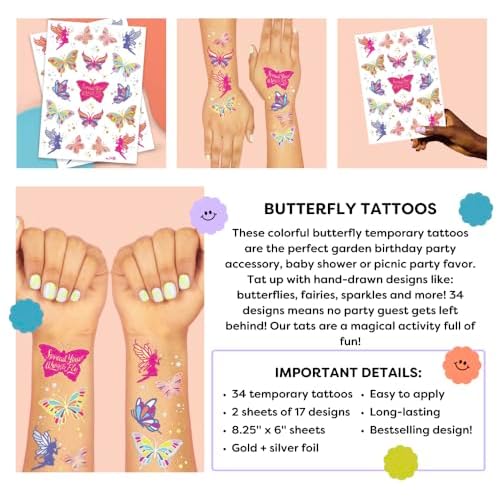 xo, Fetti Butterfly Tattoos for Kids - 34 Glitter styles | Birthday Party Supplies, Butterfly Party Favors + Fairy Decor (Pack of 2)