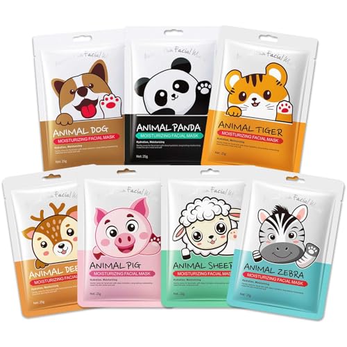 7 Packs Cute Animal Character Design Facial Masks, Deep Hyrating Spa Masks for All Skin Types, Gift for Kids' Birthady Party, Girl's Night, Enjoy Skincare Life