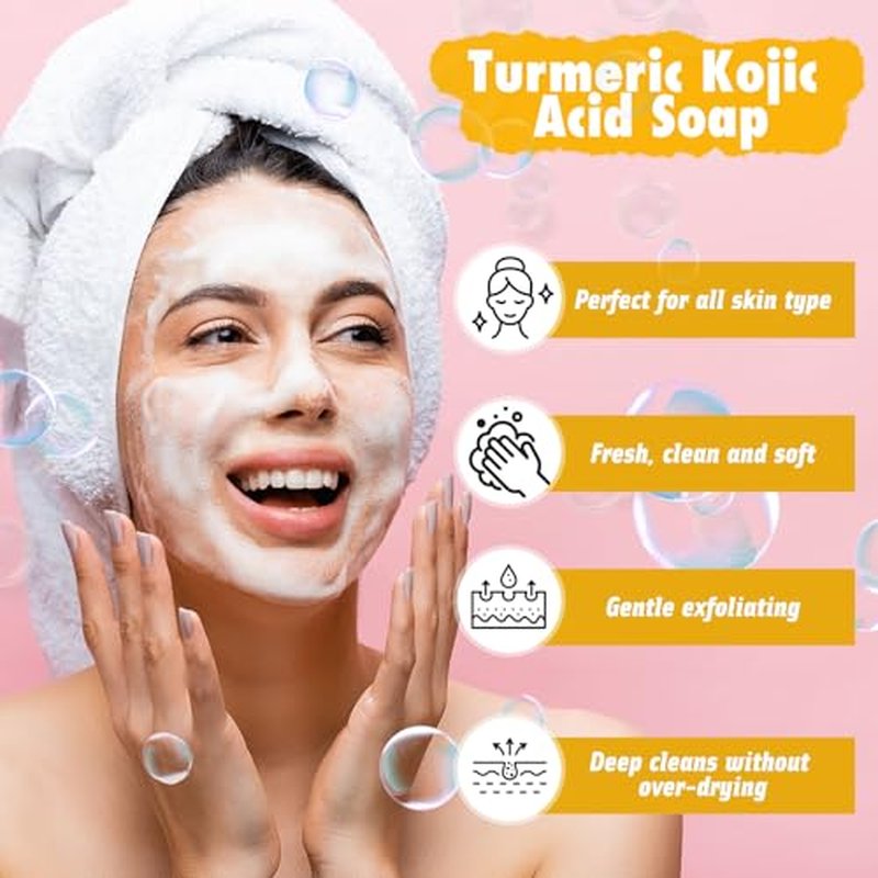 Kojic Soap Bar, Lemon Turmeric Soap Bar with Vitamin C for Dry Sensitive Skin, Turmeric Soap for Face, Body Hands 3 Bars