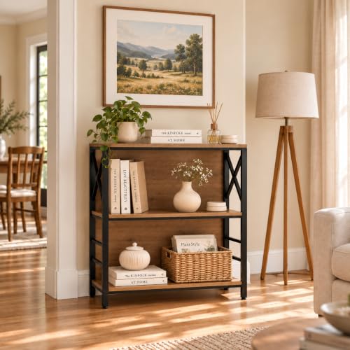 MNEETRUNG Brown 3-Tier Industrial Book Shelf, 29.5" Short Bookcase for Small Spaces