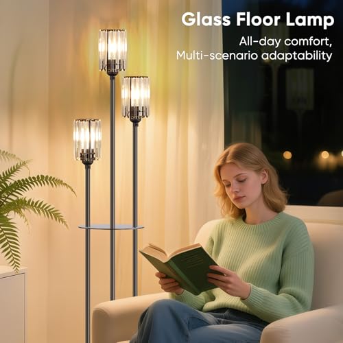 Black Crystal Floor Lamp with Shelves - 67-Inch Tall Modern Standing Light