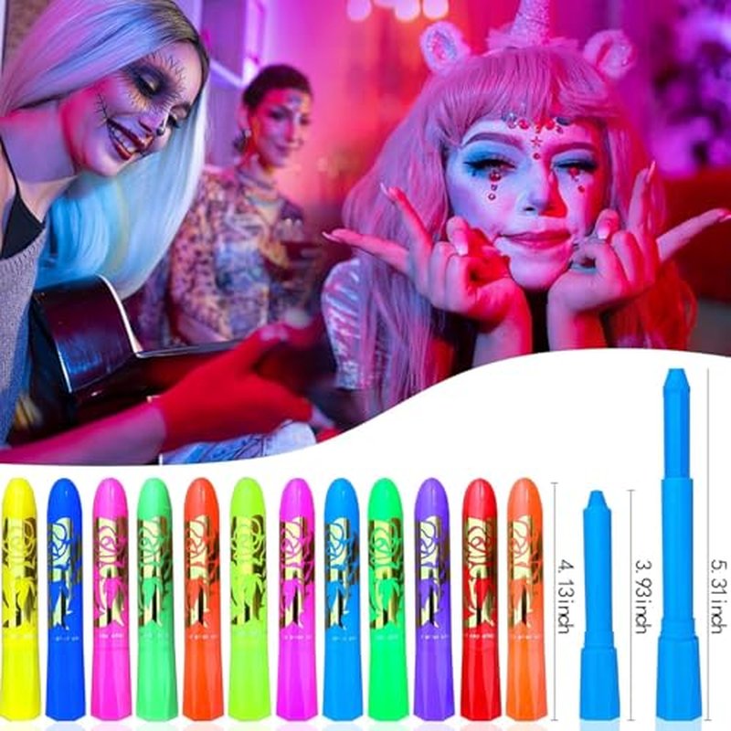 Glow in The Dark Face Body Paint, Glow In The Dark Under UV Black Light Sticks Makeup Neon Face Painting Kits for Adult Halloween Festival Accessory Glow Party Supplies (24)