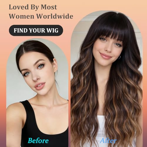 26 Inch Brown Highlights Blonde Wavy Wig with Bangs - Synthetic, Heat-Resistant Hairpiece