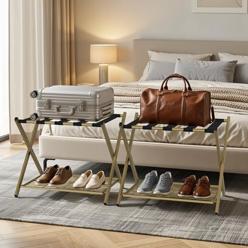 Smuxee Gold 2-Piece Fully Assembled Foldable Luggage Rack Set with 5 Nylon Straps