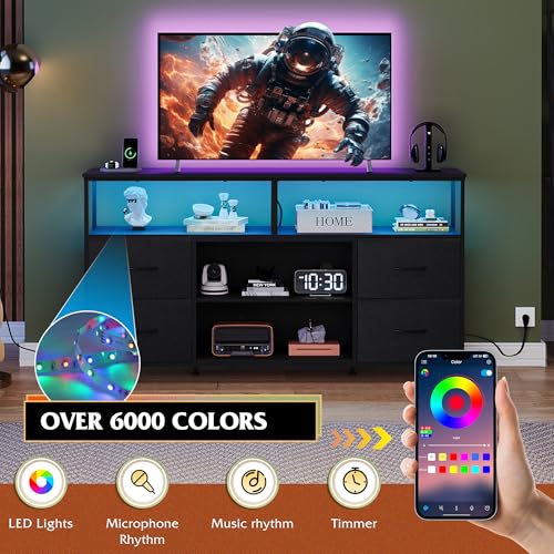 55 Inch TV Stand Dresser with LED Lights & Fabric Drawers - Black, Open Shelves