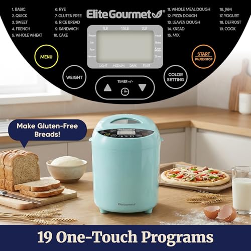 Elite Gourmet Mint Programmable Bread Maker 2 Lb, 19 Presets, 3 Sizes
