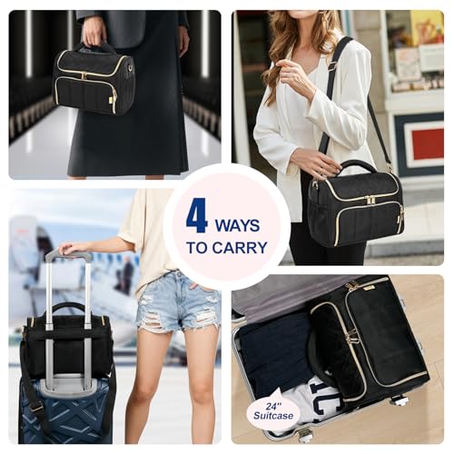 Travel Toiletry Bag Large Cosmetic Makeup Bag Organizer for Women,Wide-open Make Up Bag Waterproof Makeup Case Travel Bag with Handle and Dividers for Toiletries,Essentials,Accessories,Black