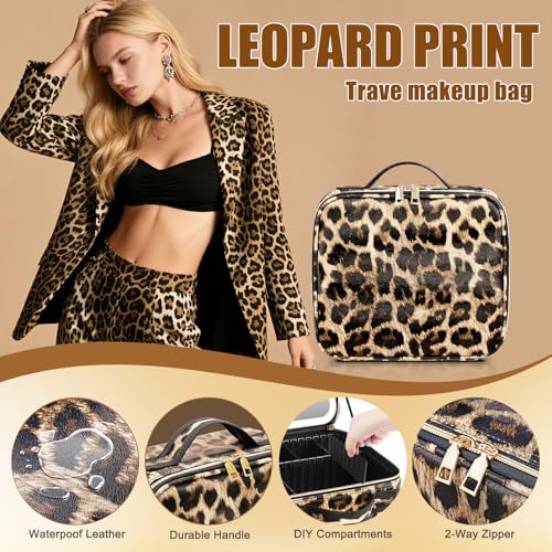 RRtide Leopard Makeup Bag with Lighted Mirror - Travel Cosmetic Organizer with Adjustable Dividers and 3 Light Settings