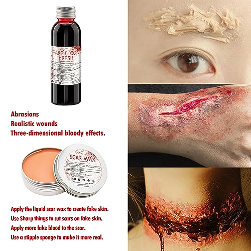 Professional Halloween SFX Special Effects Makeup Kits, Fake Blood, Scab Coagulated Blood Gel, 12 Colors Face Body Paint, Wound Modeling Scar Wax With Spatula Tool, Brushes, Stipple Sponge, Adhesive