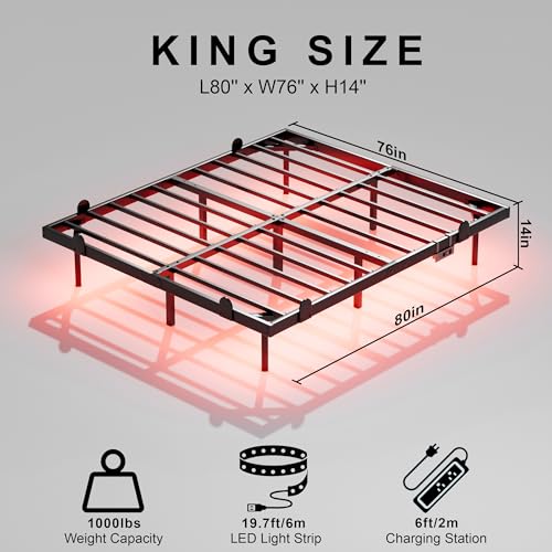 Floating Bed Frame King Size with Smart LED Lights & Charging Station - 14 Inch Modern Design (U.S. Standard)
