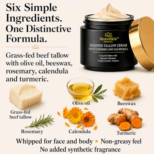 SereniSkin Organic Beef Tallow Face Cream - Whipped Moisturizer for Sensitive Skin, 4 oz