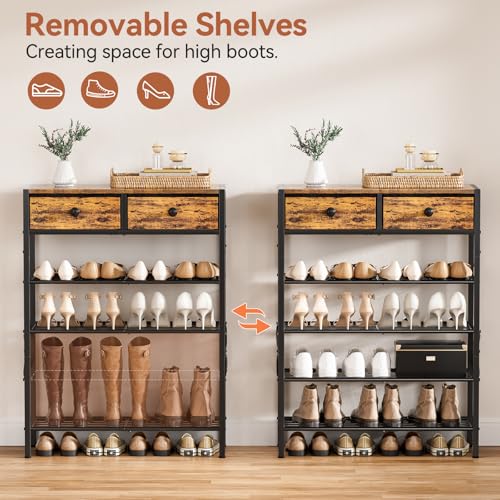 Rustic Brown 5-Tier Shoe Rack with 2 Drawers - Fits 16-20 Pairs, Adjustable Shelves