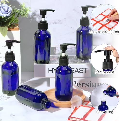 Blue Glass Travel Pump Bottles Set with Labels & Funnel - 12 Pack, 4 oz