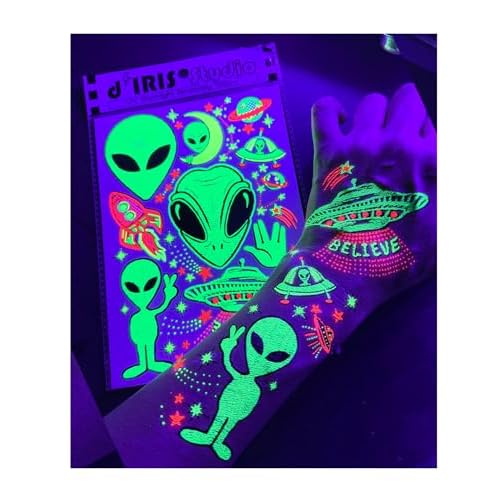 Temporary UV Blacklight Reactive Tattoos ? 1 Sheet Alien UFO Design Body Art Festival Accessories Glow in the Dark Party Supplies | 7.2¡± x 5.2¡± Temp Tattoos Great for EDM EDC Party Rave Parties