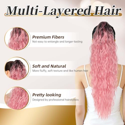 Ombre Black to Pink Long Wavy Ponytail Extensions - 30 Inch Clip-In Hairpiece