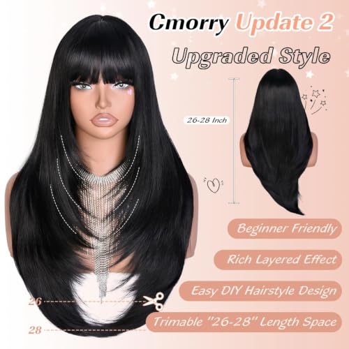 Black Layered Wig with Bangs for Women - 26 Inch Synthetic Long Hair, Realistic Scalp, Glueless & Heat-Resistant, Lightweight & Trendy - Cmorry