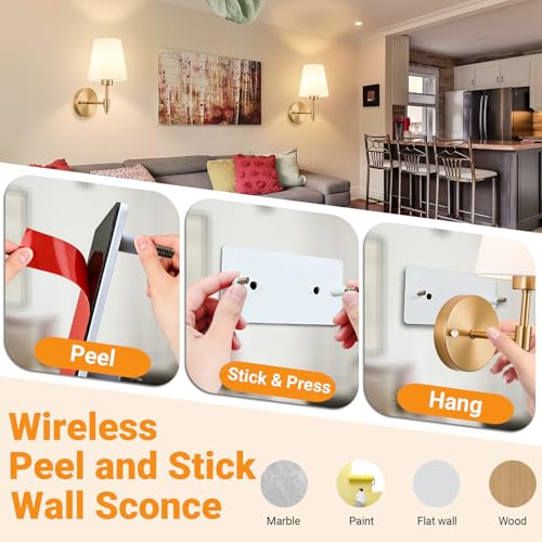 Nekhung Brass Battery Operated Wall Sconce Set of 2 - Peel & Stick, Rechargeable RGB Dimmable Lighting