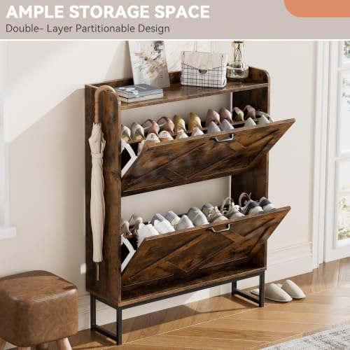 Nicetree Rustic Brown Shoe Storage Cabinet with 2 Flip Drawers - Farmhouse Entryway Organizer