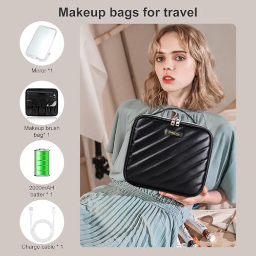 Pretty Comy Travel Makeup Bag with Led Mirror, Portable Makeup Train Case Led Makeup Bag with Mirror Makeup Organizer Bag Travel Organizer Bag Makeup Case Ideal Gifts for Mom Women