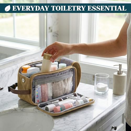 Khaki Large Travel Toiletry Bag for Men – Water-Resistant Shaving Organizer 12.5x6x7 Inches