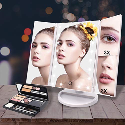 White Makeup Mirror with 21 LED Lights, 2X & 3X Magnification, Touch Control, Tri-Fold, Portable