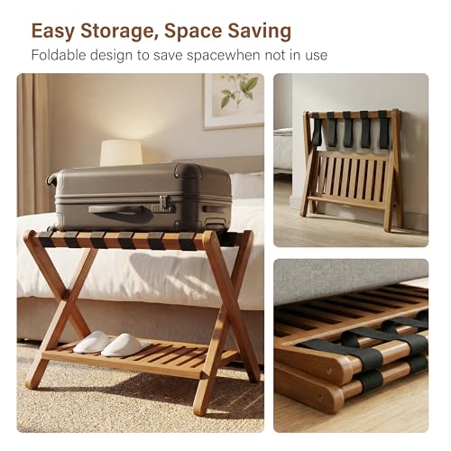 Walnut & Black Bamboo Luggage Rack for Guest Room Pack of 2 - Foldable & Stable Suitcase Stand