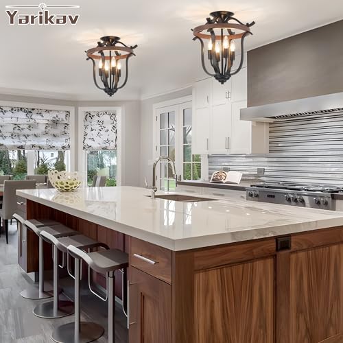 Yarlkav Farmhouse 4 Light Cage Chandelier - Black & Imitation Wood Grain Rustic Pendant Light Fixture, Dimmable Ceiling Light for Dining & Kitchen