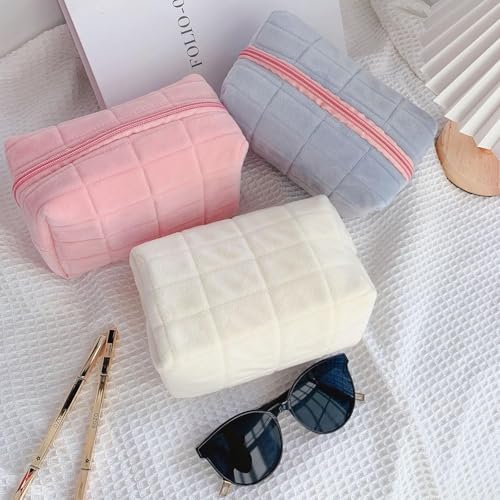 Pink White Checkered Y2K Makeup Cosmetic Bag - Small Plush Travel Pouch