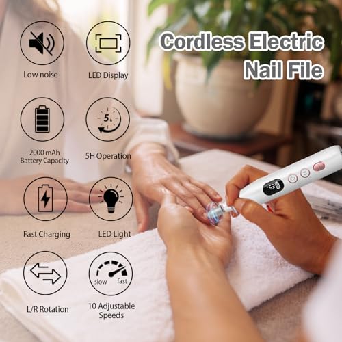 Electric Nail File, 10 Speeds Cordless Nail Drill with LED Light, Portable Manicure Pedicure Kit for Acrylic Gel Nails Thick Toenails Nail Grind, Hand Natural Nails Care - 10 Bits & 120 Sanding Bands