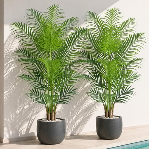 2 Pack 5ft Artificial Palm Trees for Indoor Outdoor Decor - Faux Areca Tree with Real Bark Design