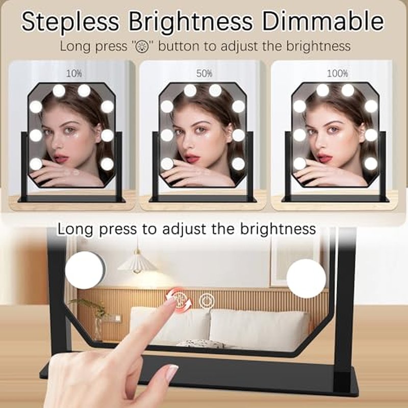 Hollywood Vanity Mirror with Lights - LED Makeup Mirror with 3-Color Dimmable Lights, Smart Touch Control, Detachable 5X Magnifier - Light Up Mirror for Bedroom, Tabletop Make Up Mirror with Lighting