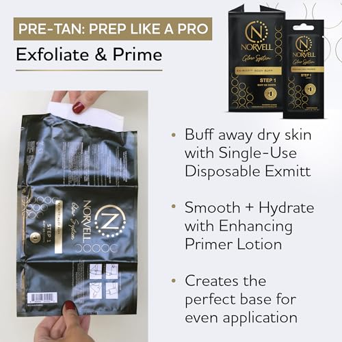 Norvell Glow System Trial Kit ? 5-Step Sunless Tanning Essentials with Exmitt, Primer, Cleanser, Body Butter & Prolong ? Reusable Travel Pouch