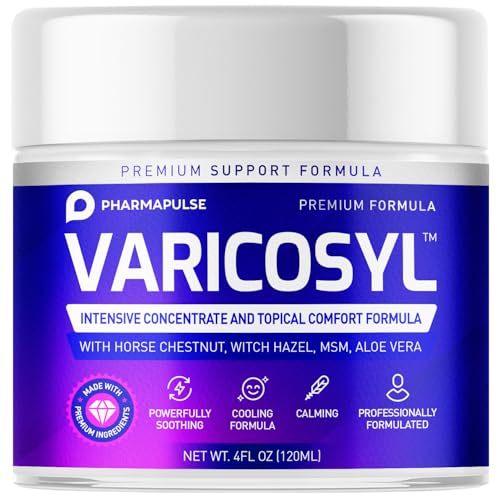Pharmapulse VARICOSYL Varicose Veins Cream for Legs ? Spider Vein Soothing Leg Cream with Horse Chestnut, Arnica, MSM, Menthol ? Cooling Formula for Tired Heavy Legs ? Non-Greasy, Fast-Absorbing 4oz
