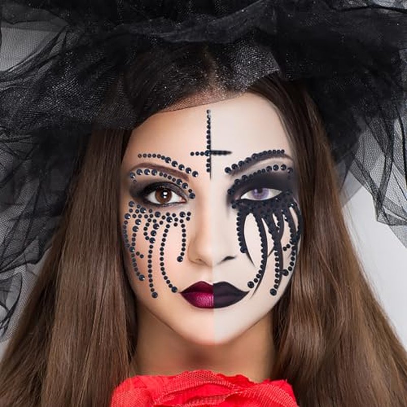 2 Pack Halloween Face Gems Jewels Clown Face Sticker Nun Makeup Tattoo Scary Temporary Rhinestone Face Tattoo for Halloween Festival Rave Party Make Up Accessories