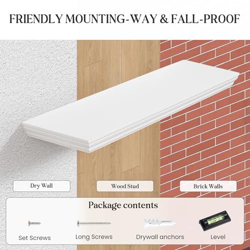 White 32-Inch Set of 2 Floating Shelves with Crown Molding - Rustic Wall Decor