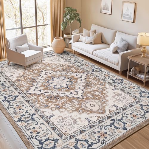 8x10 Area Rug for Living Room & Bedroom - Soft Boho Floral Carpet, Non-Slip Brown