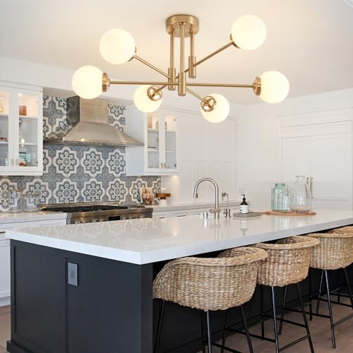 Biewalk Gold 6-Light Sputnik Ceiling Light Fixture with Milk White Glass Shades - Modern Adjustable Chandelier