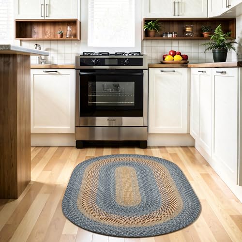 Oval Braided Area Rug 3x5 ft Farmhouse Kitchen Mat Natural Rust Blue