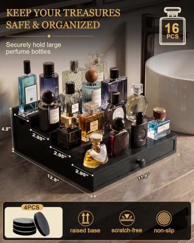 Cologne Organizer for Men - 4 Tier Black Solid Pine Wood Stand with Dual Drawers