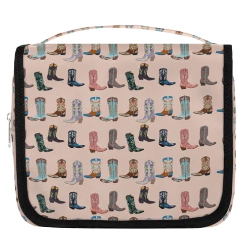 Travel Toiletry Bag for Women Men with Hanging Hook Pink Retro Western Print Cowboy Pattern Makeup Cosmetic Bag Organizer Travel Bag for Toiletries Essentials Accessories, Large Size
