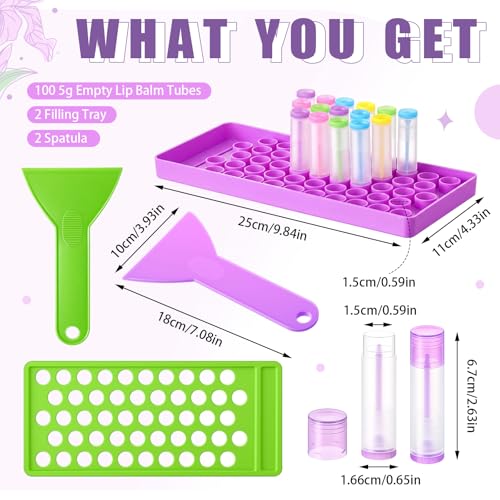 Colorful 100 Pcs Lip Balm Tubes Kit with Filling Trays & Spatulas - DIY Lipstick Containers